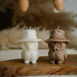 Owl Candle With Hat - Handmade Neutral Decor - thumbnail 2