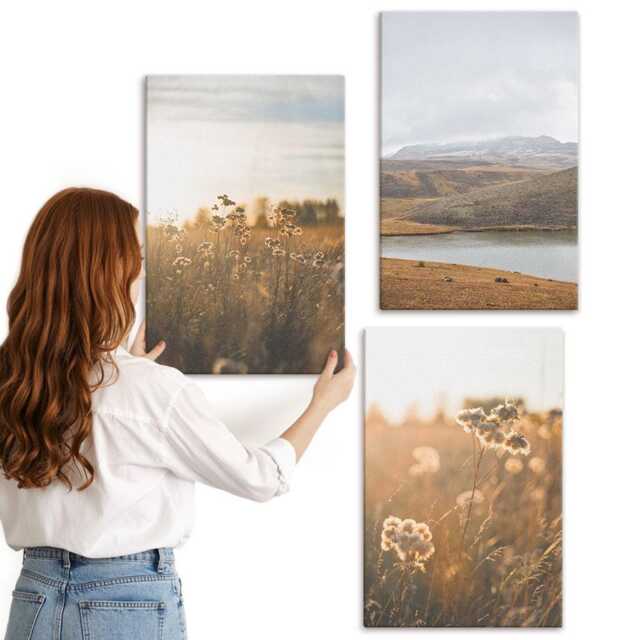 Canvas Set Of 3 - Landscapes With Meadows, Mountains & A Lake in The Background, Brown Print, Wall Decor - image 1