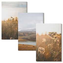 Canvas Set Of 3 - Landscapes With Meadows, Mountains & A Lake in The Background, Brown Print, Wall Decor - thumbnail 2