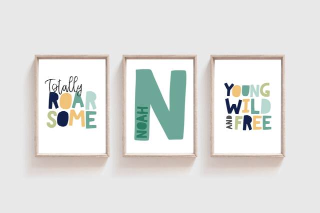 Set Of 3 Boys Nursery Prints, Personalised Name Wall Art, Safari Bedroom Decor, Jungle Prints - image 1