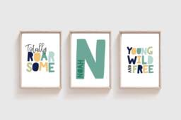 Set Of 3 Boys Nursery Prints, Personalised Name Wall Art, Safari Bedroom Decor, Jungle Prints - thumbnail 1
