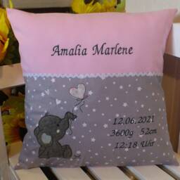 Birth Pillow - Elephant Grey/Pink Appli Stars - thumbnail 4