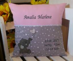 Birth Pillow - Elephant Grey/Pink Appli Stars - thumbnail 1