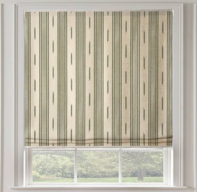 New Thibaut Odeshia Stripe Roman Shade Shown in Spruce Green - image 1