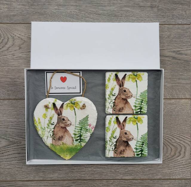 Decoupage Hare Slate Heart Wall Hanging With Coasters Rustic Spring Decor - image 1