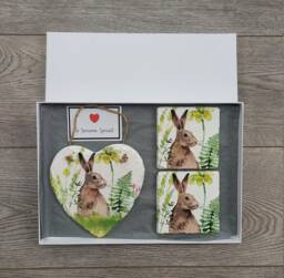 Decoupage Hare Slate Heart Wall Hanging With Coasters Rustic Spring Decor - thumbnail 1