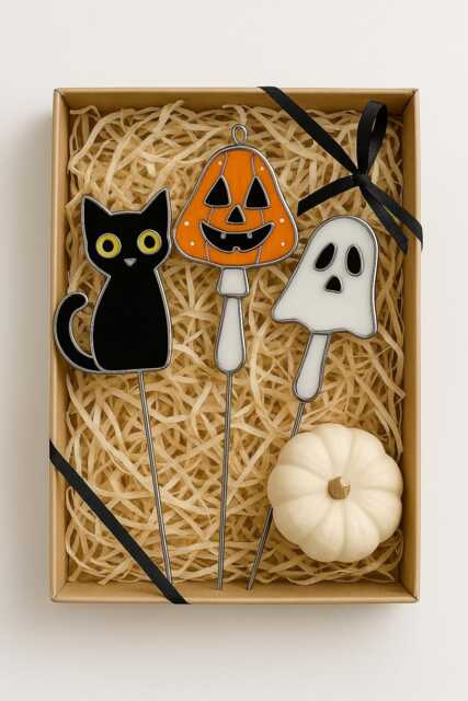 Halloween Real Stained Glass Plant Stakes - Black Cat Pumpkin Ghost Mushroom Fall Pot Decor Gift Garden - image 1