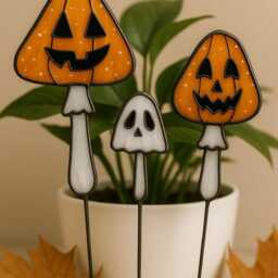 Halloween Real Stained Glass Plant Stakes - Black Cat Pumpkin Ghost Mushroom Fall Pot Decor Gift Garden - thumbnail 4