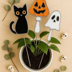 Halloween Real Stained Glass Plant Stakes - Black Cat Pumpkin Ghost Mushroom Fall Pot Decor Gift Garden - thumbnail 3
