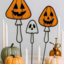 Halloween Real Stained Glass Plant Stakes - Black Cat Pumpkin Ghost Mushroom Fall Pot Decor Gift Garden - thumbnail 2