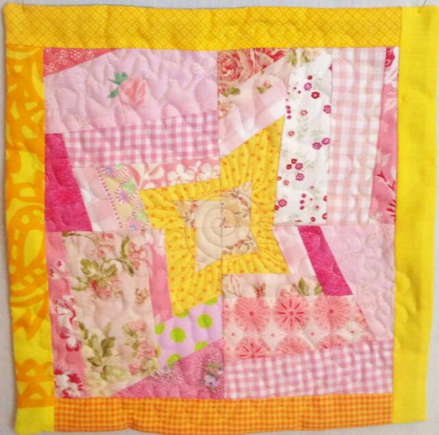 Patchwork Star Quilted Wall Hanging Pink & Yellow Cotton Textile Art - image 1