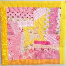 Patchwork Star Quilted Wall Hanging Pink & Yellow Cotton Textile Art - thumbnail 3