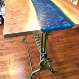Walnut Epoxy Resin River Dining Table With Adjustable Antique Base - thumbnail 3