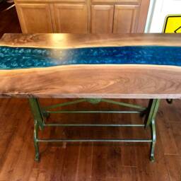 Walnut Epoxy Resin River Dining Table With Adjustable Antique Base - thumbnail 2