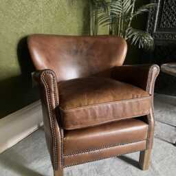 Leather Chair Cosy Armchair Vintage Tan Study Chair Armchair Antique Vintage Style Leather Living Room Snug - thumbnail 2