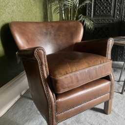 Leather Chair Cosy Armchair Vintage Tan Study Chair Armchair Antique Vintage Style Leather Living Room Snug - thumbnail 3