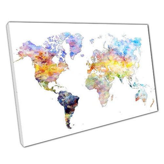 Watercolour World Map Canvas Art Daisy Ready To Hang Decor For Home Office - image 1