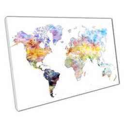 Watercolour World Map Canvas Art Daisy Ready To Hang Decor For Home Office - thumbnail 1