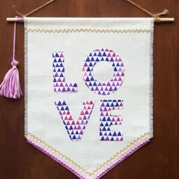 Love Sign - Valentines Decor Art Wall Hanging Boho Bohemian Fabric Banner Purple Tassel - thumbnail 2