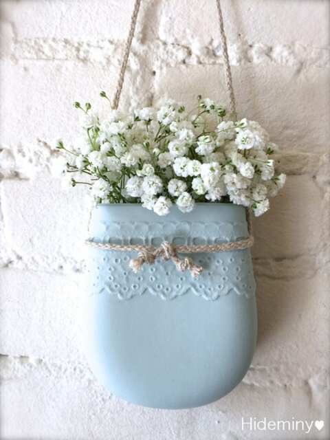 Pale Blue Porcelain Lace Hanging Wall Pocket, Vase, Decor, Living With Flowers Everyday - image 1