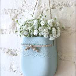 Pale Blue Porcelain Lace Hanging Wall Pocket, Vase, Decor, Living With Flowers Everyday - thumbnail 2