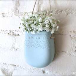 Pale Blue Porcelain Lace Hanging Wall Pocket, Vase, Decor, Living With Flowers Everyday - thumbnail 3