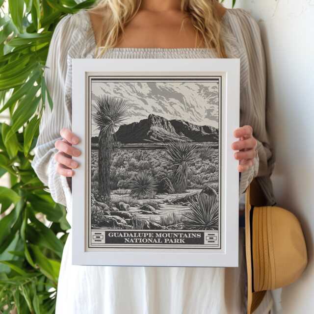 Guadalupe Mountains National Park Lithograph Style Print - Vintage Texas Archival Matte Fine Art Print Gift Chihuahuan Desert Salt Basin - image 1