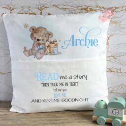 Personalised Book Cushion, Christmas Stories, Pocket Tuck Me In, Teddy Bear First Christmas, Stocking Filler - thumbnail 2