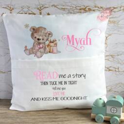 Personalised Book Cushion, Christmas Stories, Pocket Tuck Me In, Teddy Bear First Christmas, Stocking Filler - thumbnail 1