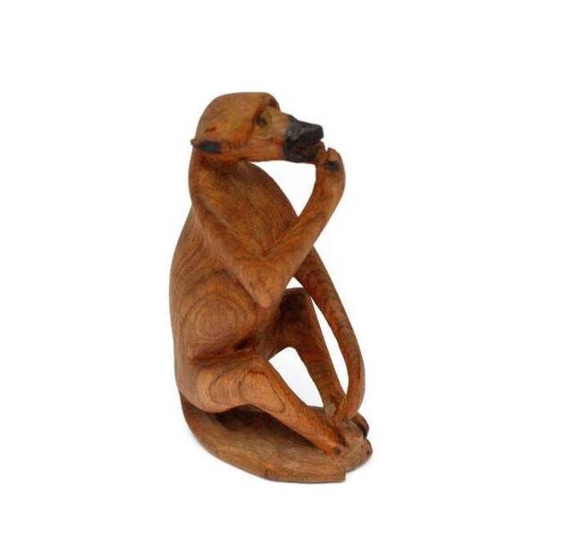 Set Of 2 Handcarved Sitting/Eating Baboon/Monkey Olive Wood Figurines. African Handmade Interior Deco Artwork. Brown Safari Art Collectibles
