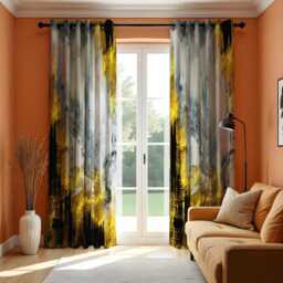 Abstract Marble Curtains, Bold Black & Mustard Drapes, Modern Art Window Treatments, Custom Length Curtain Panels - thumbnail 3
