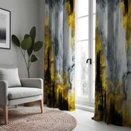 Abstract Marble Curtains, Bold Black & Mustard Drapes, Modern Art Window Treatments, Custom Length Curtain Panels - thumbnail 2