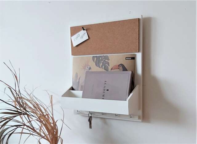 White Wooden Wall Organizer A4 Cork Board, Key Hooks - image 1