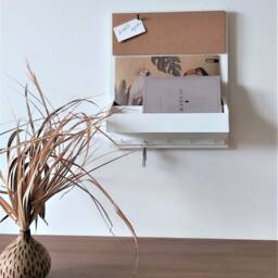 White Wooden Wall Organizer A4 Cork Board, Key Hooks - thumbnail 3