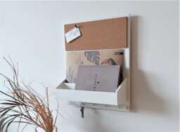 White Wooden Wall Organizer A4 Cork Board, Key Hooks
