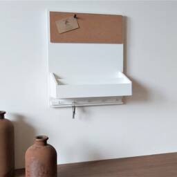 White Wooden Wall Organizer A4 Cork Board, Key Hooks - thumbnail 2