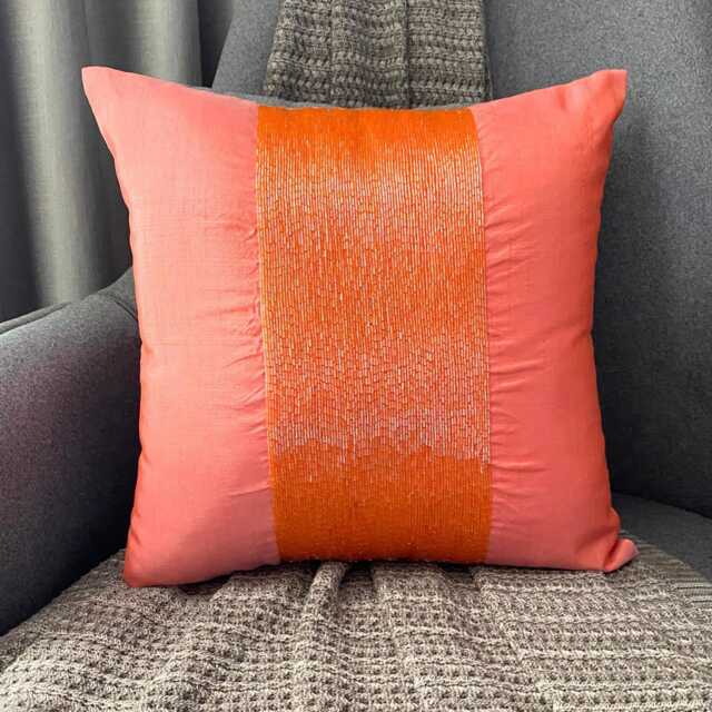 Orange Art Silk Beaded Striped Decorative Throw Pillow Cover, 16x16 Designer Modern Style Toss Sofa/Couch Cushion Cover - Peachy - image 1