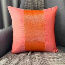 Orange Art Silk Beaded Striped Decorative Throw Pillow Cover, 16x16 Designer Modern Style Toss Sofa/Couch Cushion Cover - Peachy - thumbnail 1