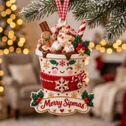 Delicious Hot Coffee Christmas Ornament With Gingerbread Man, Whipped Cream, & Candy Cane - Festive Mug Tree Decor - thumbnail 2