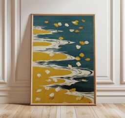 River Petals Poster, Abstract Floral Waves Art, Yellow & Teal Print - thumbnail 1