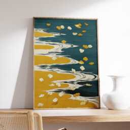 River Petals Poster, Abstract Floral Waves Art, Yellow & Teal Print - thumbnail 2