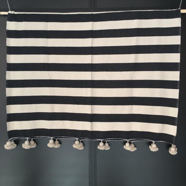 Moroccan Pom Blanket Throw Bedding, Cotton, Handwoven On A Wooden Loom. Blanket, Bohemian Throw, Berber Bed Cover - image 1