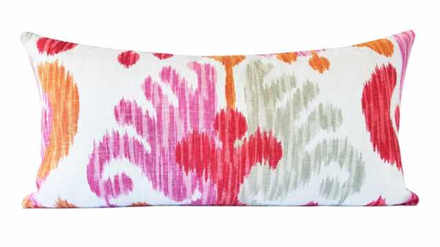 Pink Ikat Pillow Cover, Lumbar Throw Pillow, Designer Linen Colorful Accent Cushion, Modern Boho Home Decor - image 1