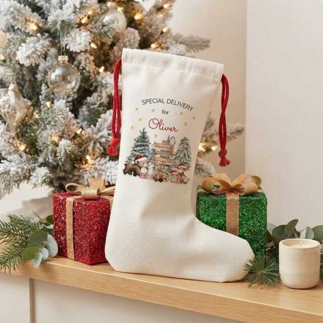 Personalised Woodland Animal Stocking, Custom Holiday Linen Canvas Sack, Ceramic Tree Bauble - image 1