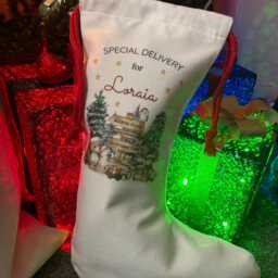 Personalised Woodland Animal Stocking, Custom Holiday Linen Canvas Sack, Ceramic Tree Bauble - thumbnail 2