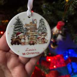 Personalised Woodland Animal Stocking, Custom Holiday Linen Canvas Sack, Ceramic Tree Bauble - thumbnail 3