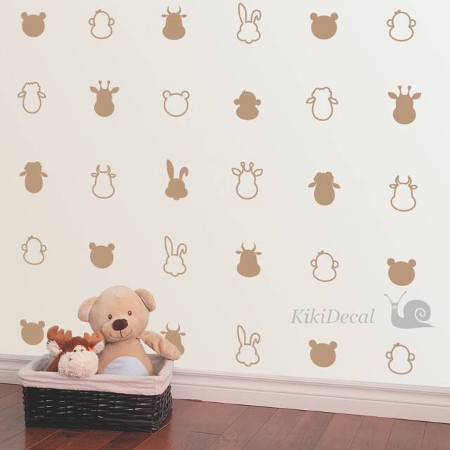 24 Pieces Bear, Cow, Giraffe, Rabbit, Monkey & Sheep Heads & Contour Wall Decals - Kids Room Vinyl Decal, Nursery Decal - image 1