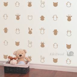 24 Pieces Bear, Cow, Giraffe, Rabbit, Monkey & Sheep Heads & Contour Wall Decals - Kids Room Vinyl Decal, Nursery Decal - thumbnail 1