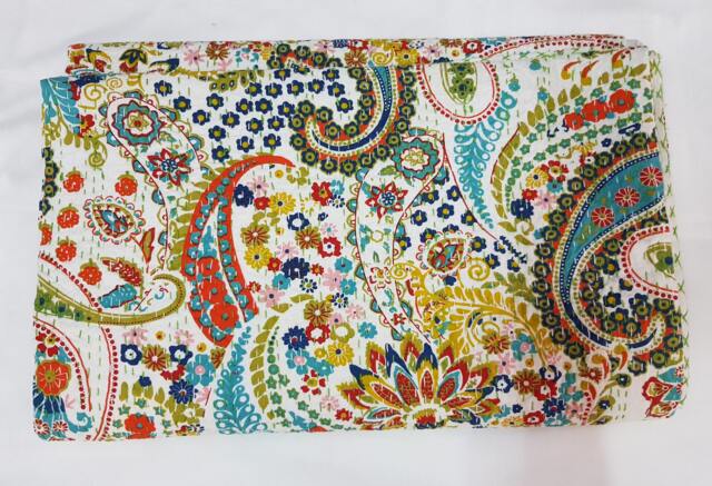 Indian Handmade Floral Kantha Bedspread Multi Size Cotton Blanket - image 1