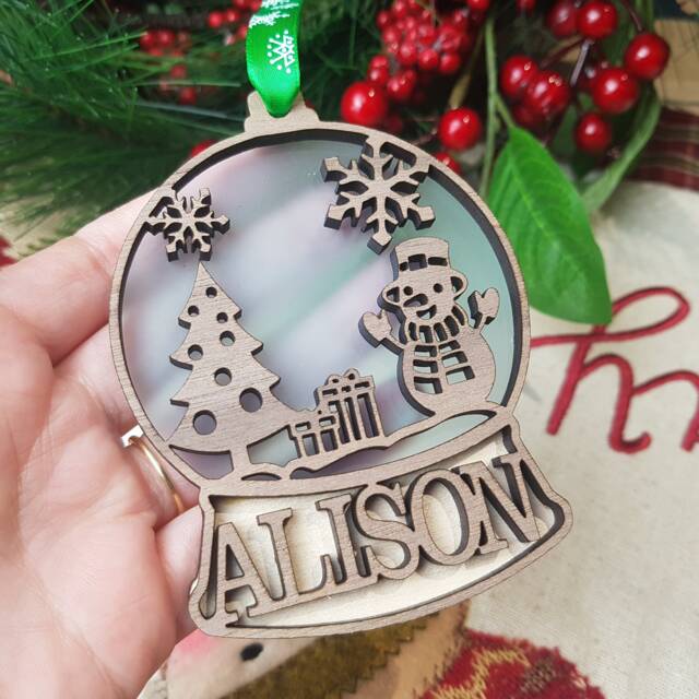 Snow Globe Personalised Christmas Tree Hanger, Reindeer Name Decoration, Snowman Ornament, Xmas Gift Or Keepsake, Eve Box, Secret Santa - image 1